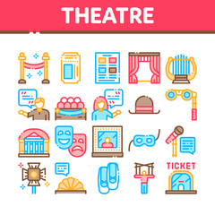 Theatre Equipment Collection Icons Set Vector. Theatre Ticket And Binoculars, Mask And Microphone, Curtain And Seats, Building And Hat Concept Linear Pictograms. Color Contour Illustrations