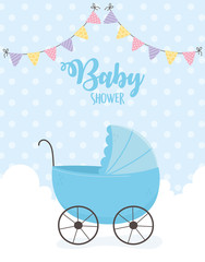 Fototapeta na wymiar baby shower, blue pram clouds pennants dotted background