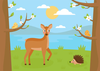 Forest landscape in summer. Cartoon roe deer, hedgehog and birds.