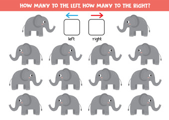 Educational worksheet for kids. Left or right with cute cartoon elephants.