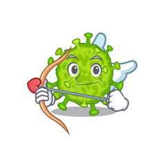 Romantic picture of virus corona cell Cupid cartoon character with arrow and wings