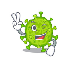 Cheerful virus corona cell mascot design with two fingers