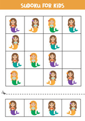 Sudoku for kids. Cute mermaids. Puzzle for kids.