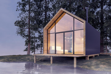Secluded tiny house on the sandy shore of a lake with fog in a coniferous forest in cold cloudy lighting with warm light from the Windows. Stock 3D illustration
