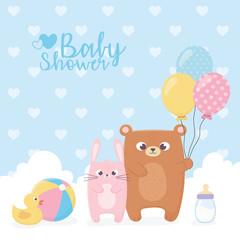 baby shower, bear and rabbit with balloons ball duck bottle card