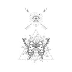 Vector illustration with hand drawn butterfly and Sacred geometric symbol on white background. 