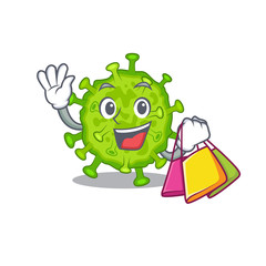 Happy rich virus corona cell mascot design waving and holding Shopping bag