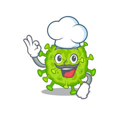 Cute virus corona cell cartoon character wearing white chef hat