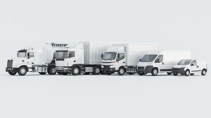 White Delivery Vans and Trucks in a Row on White Background 3D Rendering