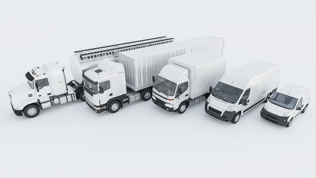 High Angle View of White Delivery Vans and Trucks in a Row on White Background 3D Rendering