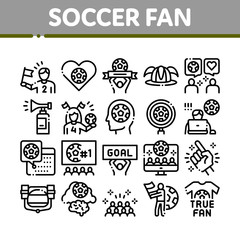 Soccer Fan Attributes Collection Icons Set Vector. Soccer Fan Hat And Glove In Hand Form, Heart And Air Beeper, T-shirt And Goal Nameplate Concept Linear Pictograms. Monochrome Contour Illustrations
