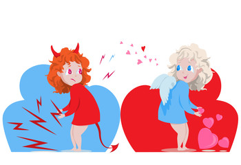 The battle of an angel with a demon. Cute cartoon characters in flat style vector illustration.