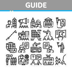 Fototapeta na wymiar Guide Lead Traveler Collection Icons Set Vector. Bus And Media Player Guide, Badge And Loudspeaker, Speak And Show Landmark Tourism Concept Linear Pictograms. Monochrome Contour Illustrations