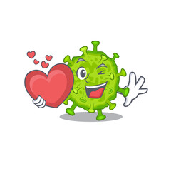 A romantic cartoon design of virus corona cell holding heart