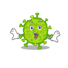 A cartoon character of virus corona cell making a surprised gesture