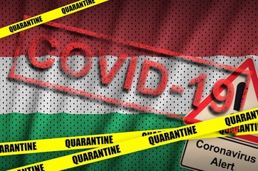 Hungary flag and Covid-19 quarantine yellow tape with red stamp. Coronavirus or 2019-nCov virus