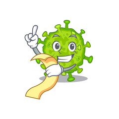 cartoon character of virus corona cell holding menu ready to serve