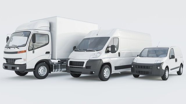 White Box Truck With Delivery Vans In A Row On White Background 3D Rendering