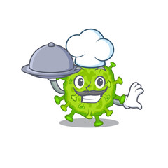Virus corona cell as a chef cartoon character with food on tray