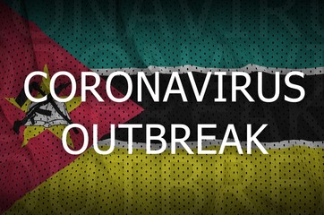 Mozambique flag and Coronavirus outbreak inscription. Covid-19 or 2019-nCov virus