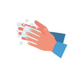 Fototapeta premium Wash hands. Man holding soap in hand in soap bubbles. Vector illustration flat design isolated on background. Personal hygiene. Disinfection, skin care. Antibacterial washing