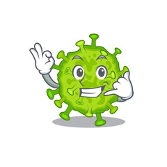 Virus corona cell mascot cartoon design showing Call me gesture
