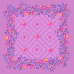 Vector ornament in a square cherry flowers on a pink background for textiles, pillows, pillowcases, bed linen, postcards, wedding anniversary invitations , napkins. Doodling, art line, flowers line.