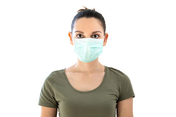 Isolated woman with medical mask. Virus or air pollution concept