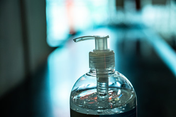 Hand disinfection pump on a table