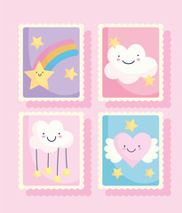cute stamps, cartoon clouds stars rainbow heart lovely icons