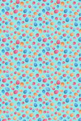 Easter seamless pattern with colorful eggs on blue background. Festive, bright stock illustration for wrapping paper, scrapbooking, background, wallpaper, invitations and greeting cards.