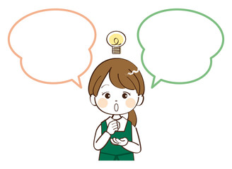 女性、店員、吹き出し、閃く