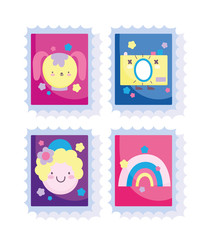cute stamps, cartoon boy dog camera and rainbow decoration icons
