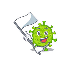 Virus corona cell cartoon character design holding standing flag