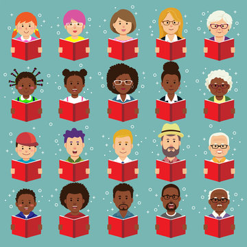 Set of human faces, avatars, people heads different nationality and ages in flat style reading books on a green background.
