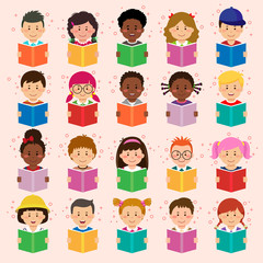 Set of kids faces, avatars, children heads different nationality in flat style reading books on pink background.