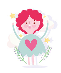 cute little girl with heart in dress stars leaves decoration cartoon