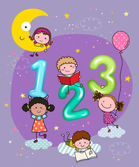 Vector illustration of 123 numbers with hand-drawn kids in the sky at night.