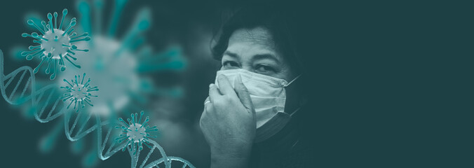 Covid-19 or Coronavirus concept.Senior old woman wearing protect mask for protect quarantine and coughing with Covid-19 virus outbreak in India.Indian old woman Lung infection.Epidemic virus symptoms.