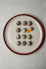 Quail eggs lying in a row on white round plate with red edge. One egg is broken, the yolk leaked. Flat lay.