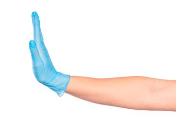 female hand in sterile gloves isolated on white background showing .hand gestures- Image