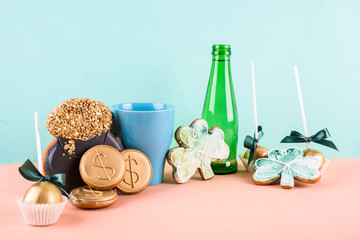 March 17 is St. Patrick's Day. Composition of sweet gingerbread on a light background.