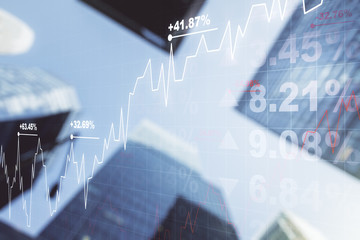 Multi exposure of abstract financial diagram on office buildings background, banking and accounting concept