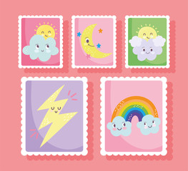 cute stamps, cartoon clouds moon sun rainbow thunderbolt stars icons