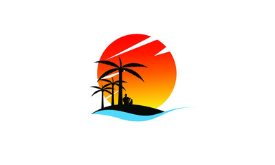 Palm Tree On A Beach. People and dog silhouette Logo Design Template 