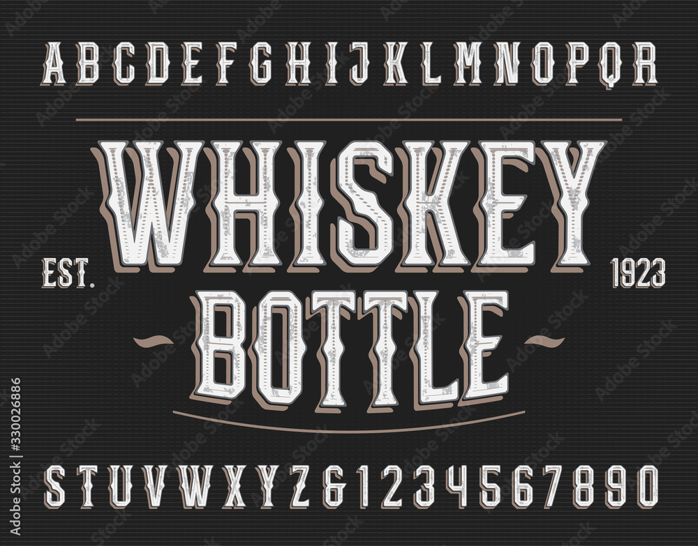 Fototapete whiskey bottle alphabet font. retro letters and numbers. vector typeface for your typography design.