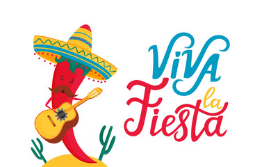 Funny chili pepper in sombrero plays traditional mexican guitar. Viva la Fiesta hand drawn lettering.