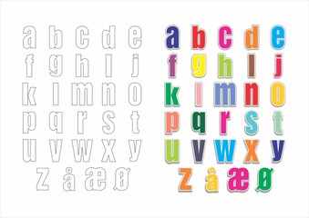Beautiful Danish alphabets for children coloring book pages- vector font illustration 