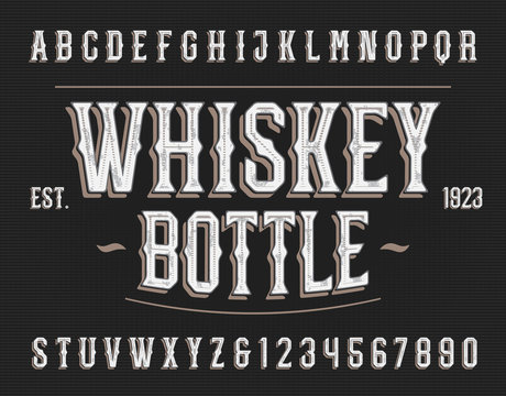 Whiskey Bottle alphabet font. Retro letters and numbers. Vector typeface for your typography design.