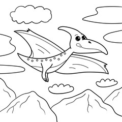 Coloring page for children. Cute cartoon Pterodactyl. Vector kawaii dinosaur. Black and white illustration.